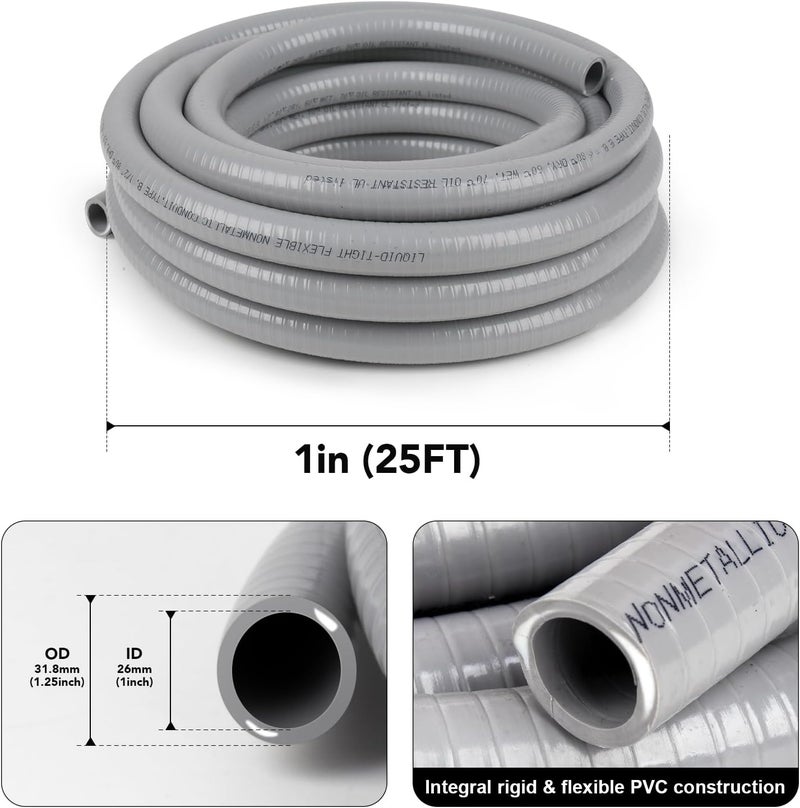 Elecoman 1 inch 25ft Liquid-Tight Conduit and Connector Kit,Flexible Non-Metallic Liquid Tight Electrical Conduit Kit with 5 Straight and 3 90-Degree Connector Fittings,1in. Dia - Image 2